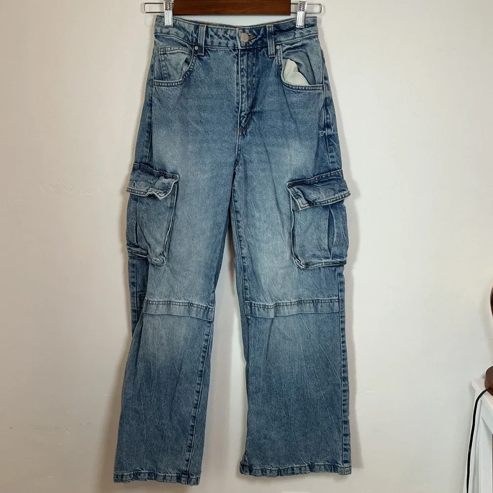 Cotton On‎ Curvy Cargo Jeans Womens 26 Blue Excellent Wide Leg High Rise Utility